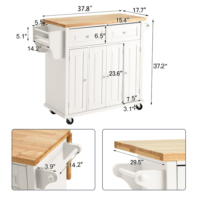 AVAWING Rolling Kitchen Island Cart with Storage, Kitchen Cart with Drop-Leaf Rubber Wood Tabletop, Lockable Wheels, Trolley Cart Utility Cabinet, Towel Rack, Spice Rack Off-White