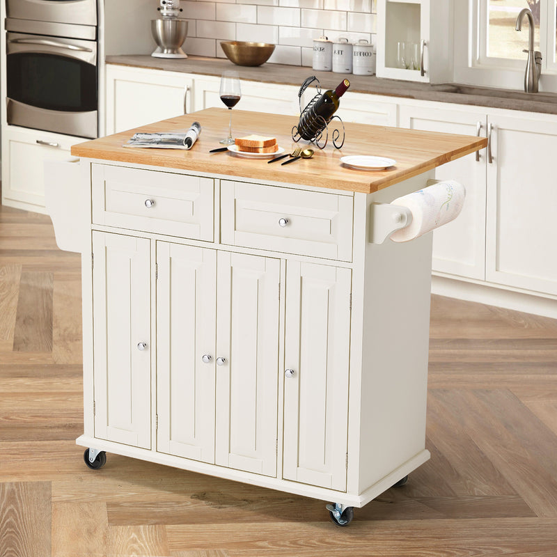 AVAWING Rolling Kitchen Island Cart with Storage, Kitchen Cart with Drop-Leaf Rubber Wood Tabletop, Lockable Wheels, Trolley Cart Utility Cabinet, Towel Rack, Spice Rack Off-White
