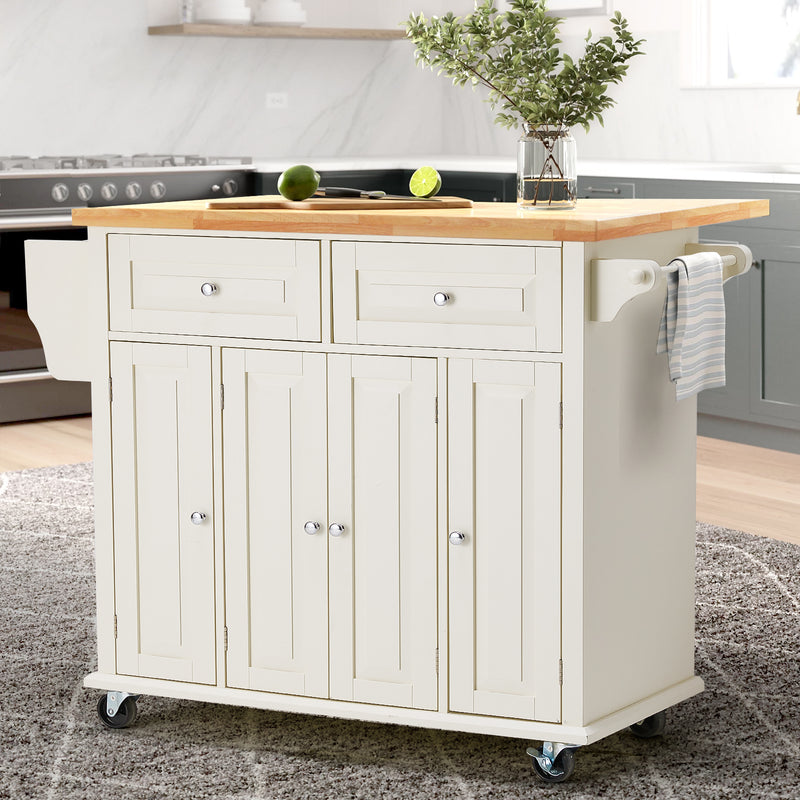 AVAWING Rolling Kitchen Island Cart with Storage, Kitchen Cart with Drop-Leaf Rubber Wood Tabletop, Lockable Wheels, Trolley Cart Utility Cabinet, Towel Rack, Spice Rack Off-White
