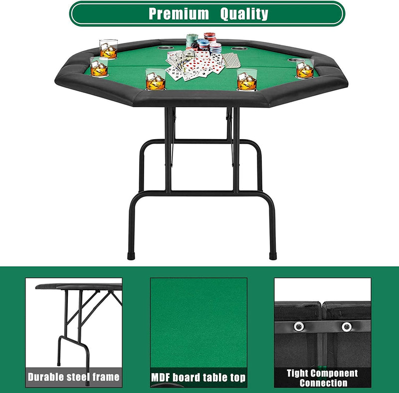AVAWING Game Poker Table w/Stainless Steel Cup Holder Casino Leisure Table, Top Texas Hold'em Poker Table for 8 Player w/Leg, Green Felt