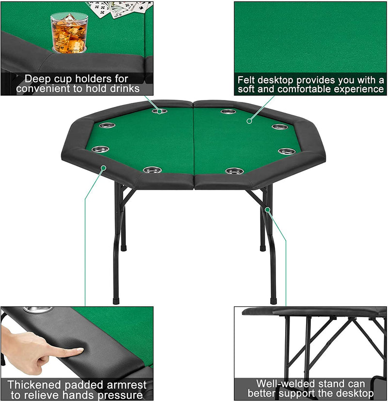 AVAWING Game Poker Table w/Stainless Steel Cup Holder Casino Leisure Table, Top Texas Hold'em Poker Table for 8 Player w/Leg, Green Felt