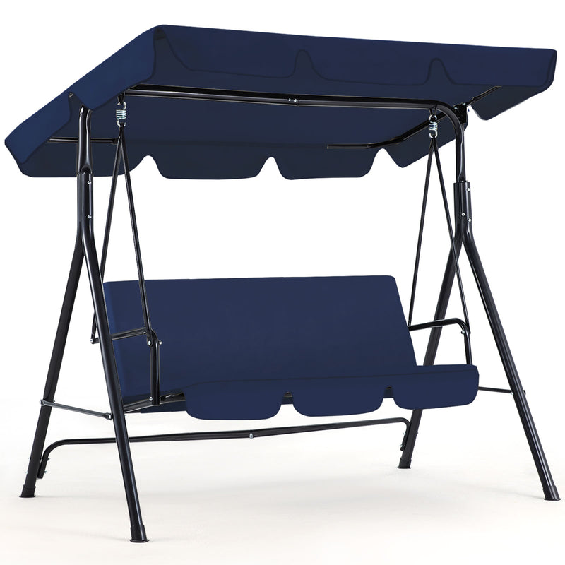 YODOLLA 3-Seat Outdoor Steel Porch Swing with Canopy, Swing Glider-Dark Blue, Free Standing Porch Swing