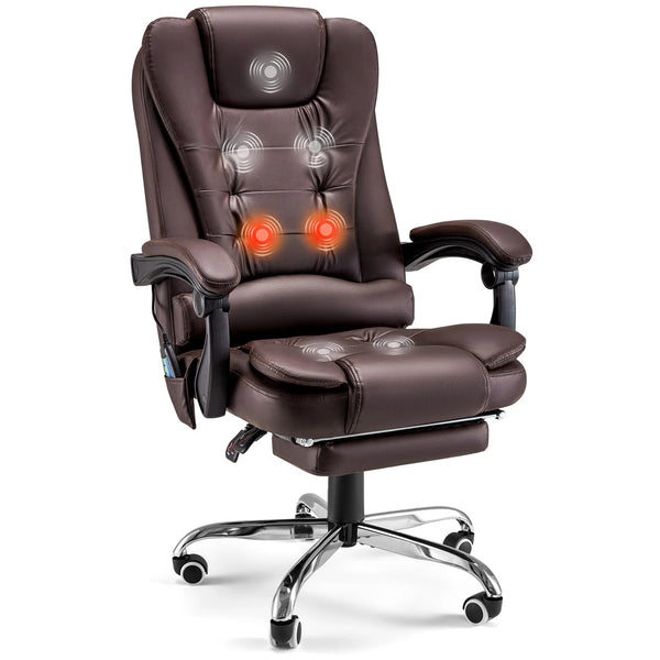 YODOLLA 7 Points Massage Office Chair with Heat Ergonomic Reclining Computer Chair High Back Desk Chair w/Retractable Footrest Ergonomic Leather Office Chair，Brown