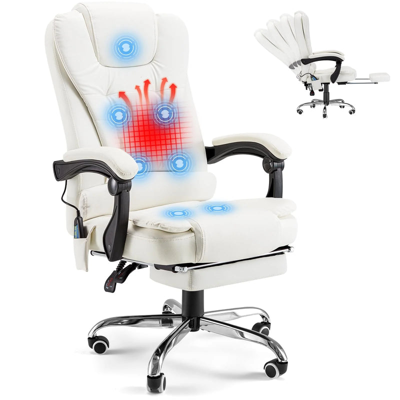YODOLLA 7 Points Massage Office Chair with Heat Ergonomic Reclining Computer Chair High Back Desk Chair w/Retractable Footrest Ergonomic Leather Office Chair，Cream White