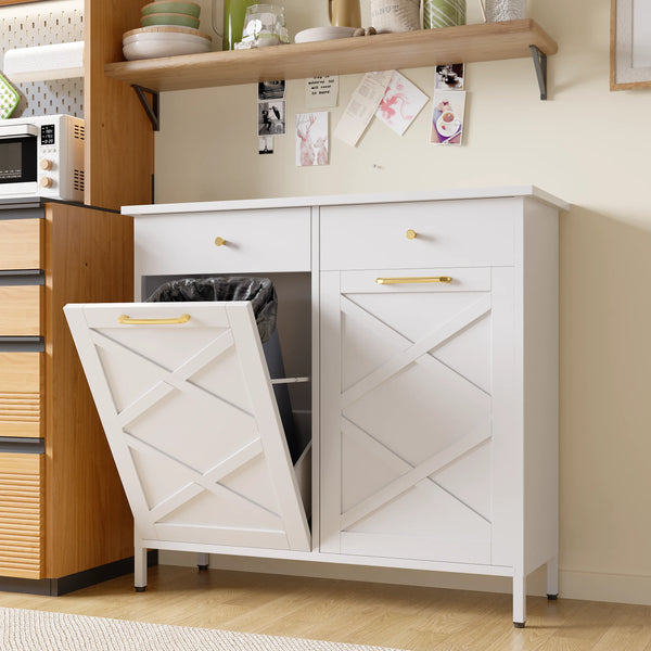 YODOLLA Double Tilt Out Trash Can Kitchen Cabinet, 20 Gallon Metal Trash Garbage Can Cabinet with 2 Drawers,White