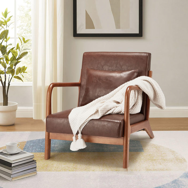 YODOLLA Faux Leather Modern Accent Chairs for Living Room, Mid Century Modern Living Room Bedroom Reading Comfy Lounge Chairs, Small Side Armchair for Bedrooms in Brown