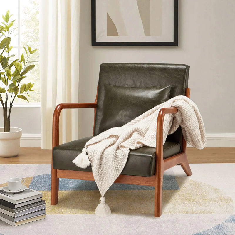 YODOLLA Faux Leather Modern Accent Chairs for Living Room, Mid Century Modern Living Room Bedroom Reading Comfy Lounge Chairs, Small Side Armchair for Bedrooms in Green