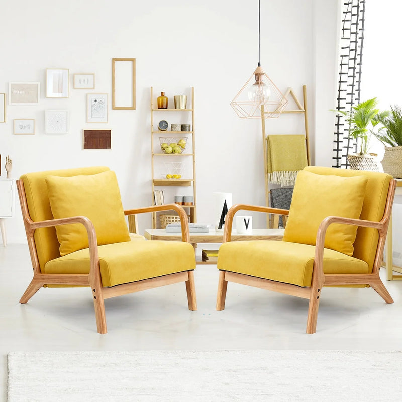 YODOLLA Mid-Century Modern Accent Chair Set of 2, Fabric Arm Chair, Reading Chair with Arm, Upholstery Linen, Living Room Furniture, Yellow