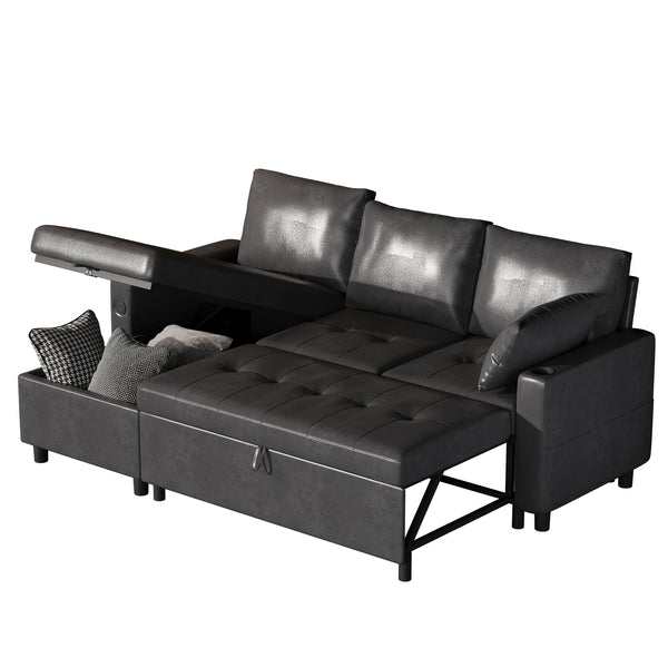 YODOLLA Sofa Bed, 3 in 1 Sleeper Sofa with Storage Chair, Faux Leather L Shape Couch, Sectional Pull Out Sofa Bed Mid Century Modern Couch for Living Room Clearance, Comfy Sleeper Couch in Black