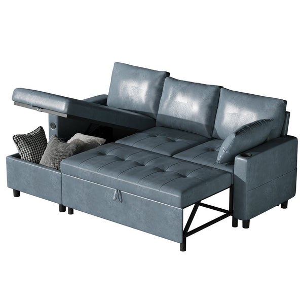 YODOLLA Sofa Bed, 3 in 1 Sleeper Sofa with Storage Chair, Faux Leather L Shape Couch, Sectional Pull Out Sofa Bed Mid Century Modern Couch for Living Room Clearance, Comfy Sleeper Couch in Blue