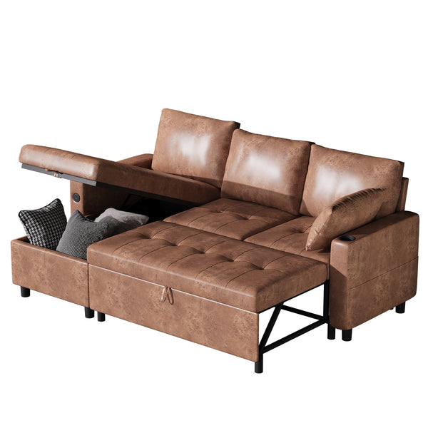 YODOLLA Sofa Bed, 3 in 1 Sleeper Sofa with Storage Chair, Faux Leather L Shape Couch, Sectional Pull Out Sofa Bed Mid Century Modern Couch for Living Room Clearance, Comfy Sleeper Couch in Brown