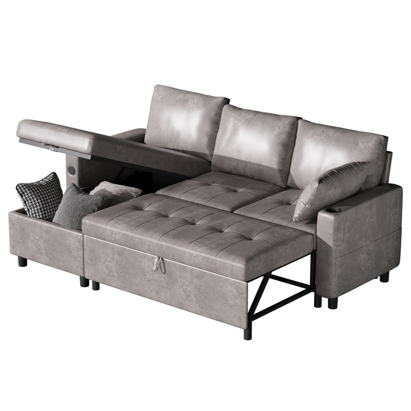 YODOLLA Sofa Bed, 3 in 1 Sleeper Sofa with Storage Chair, Faux Leather L Shape Couch, Sectional Pull Out Sofa Bed Mid Century Modern Couch for Living Room Clearance, Comfy Sleeper Couch in Grey