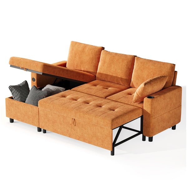 YODOLLA Sofa Bed, 3 in 1 Sleeper Sofa with Storage Chair, Faux Leather L Shape Couch, Sectional Pull Out Sofa Bed Mid Century Modern Couch for Living Room Clearance, Comfy Sleeper Couch in Orange
