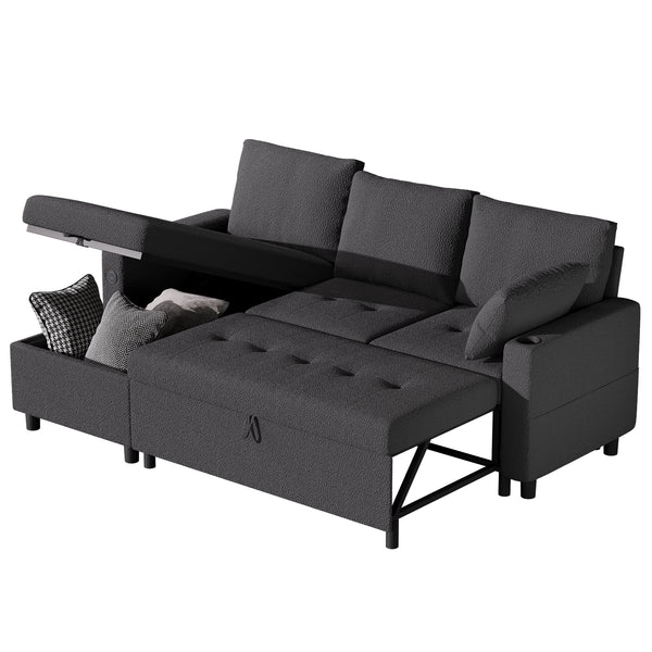 YODOLLA Teddy Velvet L Shaped Sofa, L Shape Couch, Pull Out Bed with USB and Cup Holder, Storage Sofa Cama, Queen Sofa Bed, Sleeper Sofa Couch for Living Room, Sofa Bed Couch in Black