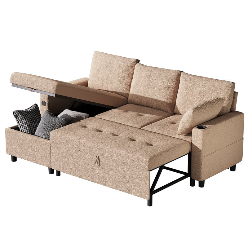 YODOLLA Teddy Velvet L Shaped Sofa, L Shape Couch, Pull Out Bed with USB and Cup Holder, Storage Sofa Cama, Queen Sofa Bed, Sleeper Sofa Couch for Living Room, Sofa Bed Couch in Brown