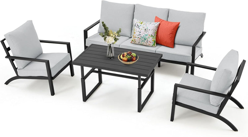 AECOJOY Aluminum Patio Furniture Set with Waterproof Cover Modern Metal Outdoor Patio Furniture Clearance, Adirondack Patio Conversation Sets for Lawn, Backyard, and Deck with Grey Cushions