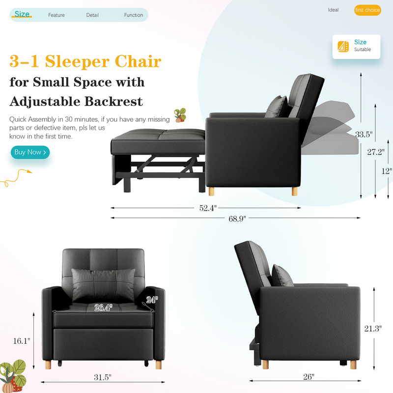 YODOLLA Sleeper Sofa Chair, 3 in 1 Sleeper Chairs for Adults, Pull Out Chair Bed Sleeper with Extra Pillow and Multi-Functional Fold Out Chair Bed for Small Space (Black leather)