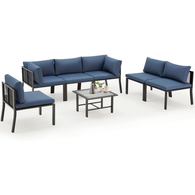 AECOJOY 7-Piece Metal Mesh Outdoor Furniture Set with Cushions and Waterproof Cover, Wooden Table, Ideal for Garden, Backyard, Balcony, & Lawn (Blue)