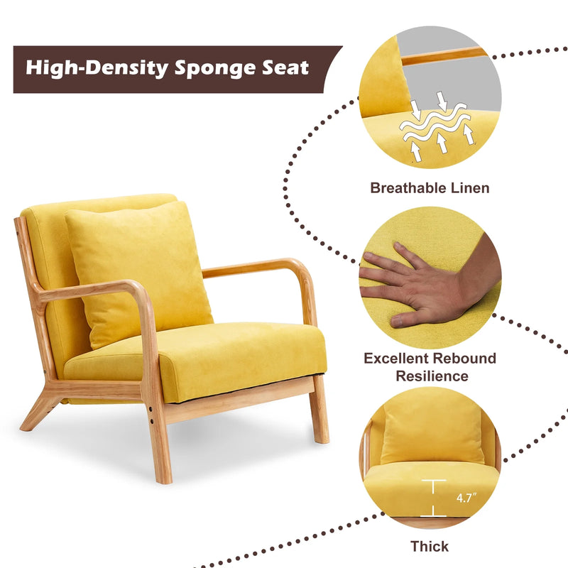 YODOLLA Mid-Century Modern Accent Chair Set of 2, Fabric Arm Chair, Reading Chair with Arm, Upholstery Linen, Living Room Furniture, Yellow