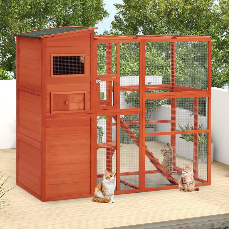AECOJOY Catio Cat House Outdoor Wooden Cat cage，orange