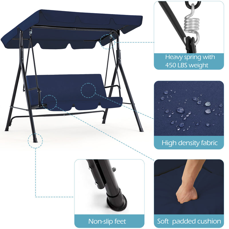 YODOLLA 3-Seat Outdoor Steel Porch Swing with Canopy, Swing Glider-Dark Blue, Free Standing Porch Swing