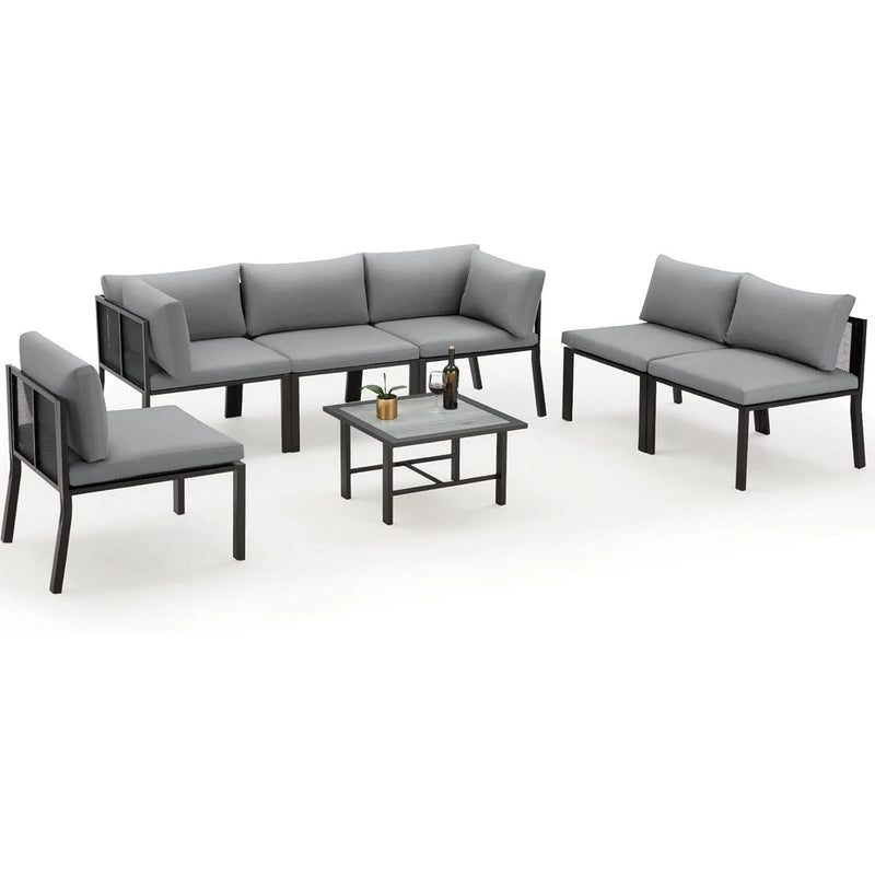 AECOJOY 7-Piece Metal Mesh Outdoor Furniture Set with Cushions and Waterproof Cover, Wooden Table, Ideal for Garden, Backyard, Balcony, & Lawn (Grey)