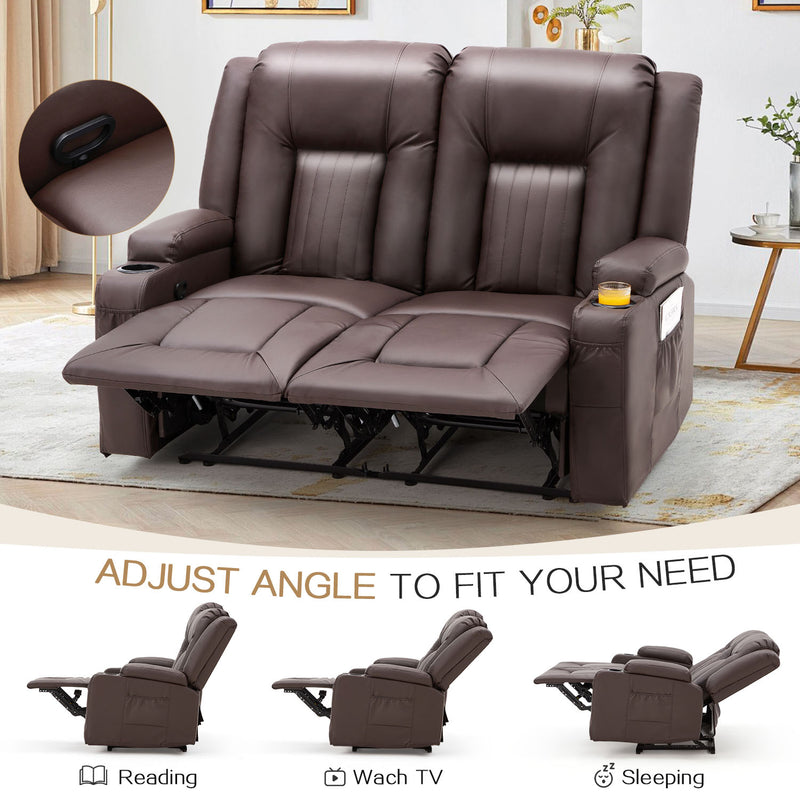 AECOJOY Manual Reclining Loveseat with Cup Holders&Side Pockets, PU Leather Double Recliner Loveseat Home Theater Seating-Brown