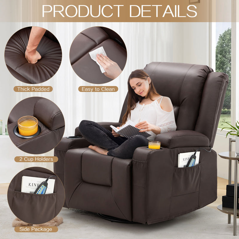 AECOJOY Massage Manual Recliner Chair with Heat and Vibration Massage, PU Leather Swivel Rocker Recliner Chair for Adults with 2 Cup Holders, Remote Control-Brown