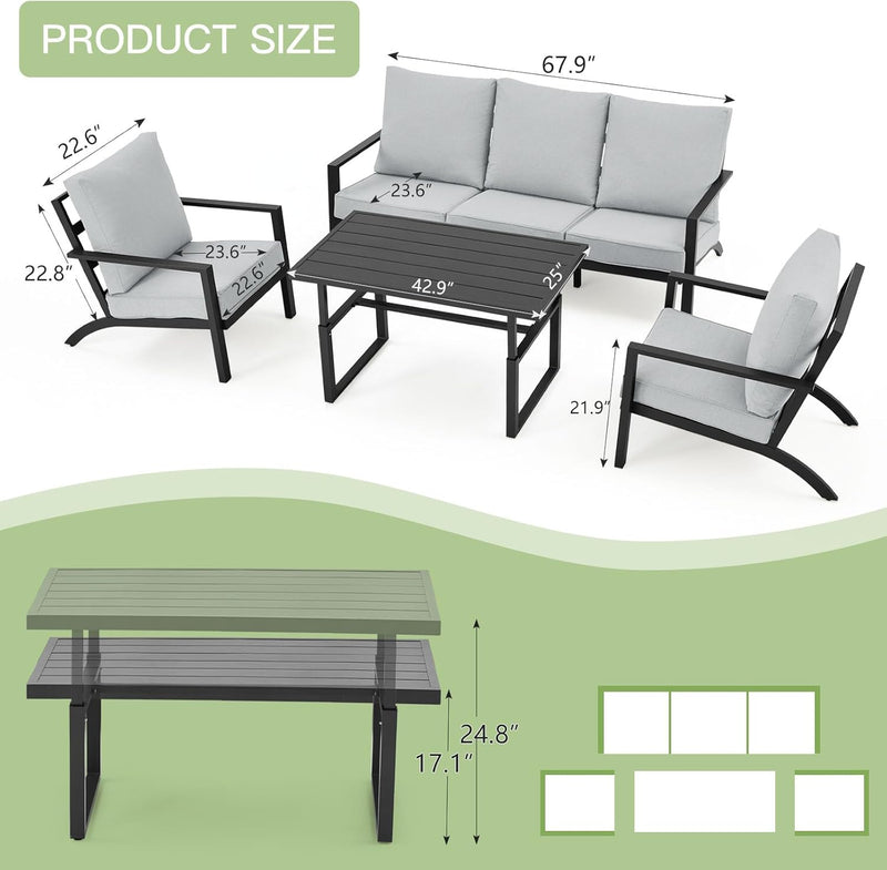 AECOJOY Aluminum Patio Furniture Set with Waterproof Cover Modern Metal Outdoor Patio Furniture Clearance, Adirondack Patio Conversation Sets for Lawn, Backyard, and Deck with Grey Cushions