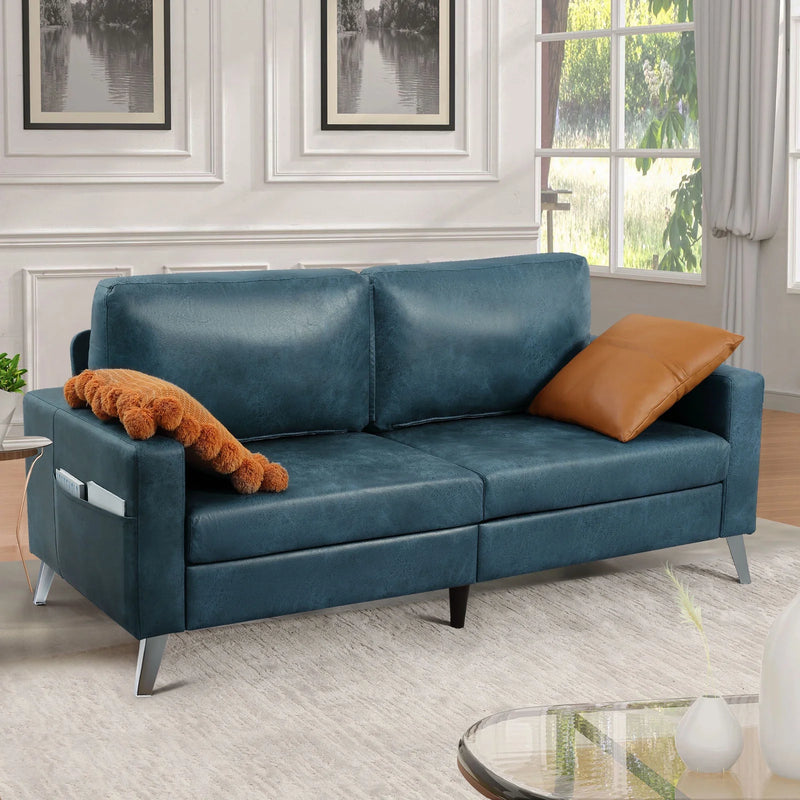 AECOJOY 79" Faux Leather Sofa 3 Seater Couch Loveseat Living Room Furniture in Blue
