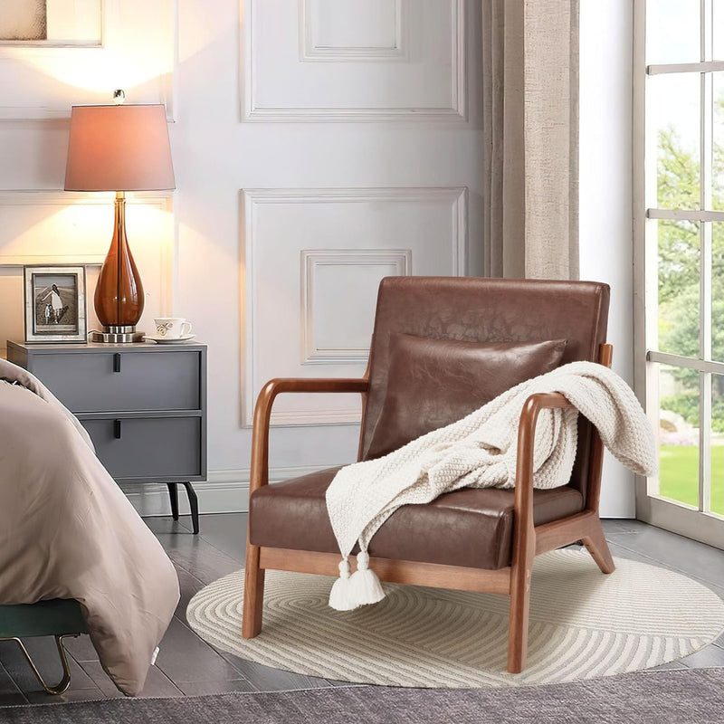 Aecojoy Accent Chair for Living Room Mid Century Modern Faux Leather Arm Chair Set of 2 in Brown for Bedroom