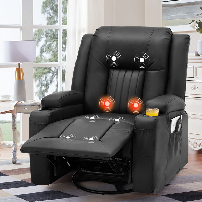AECOJOY Massage Manual Recliner Chair with Heat and Vibration Massage, PU Leather Swivel Rocker Recliner Chair for Adults with 2 Cup Holders, Remote Control-Black