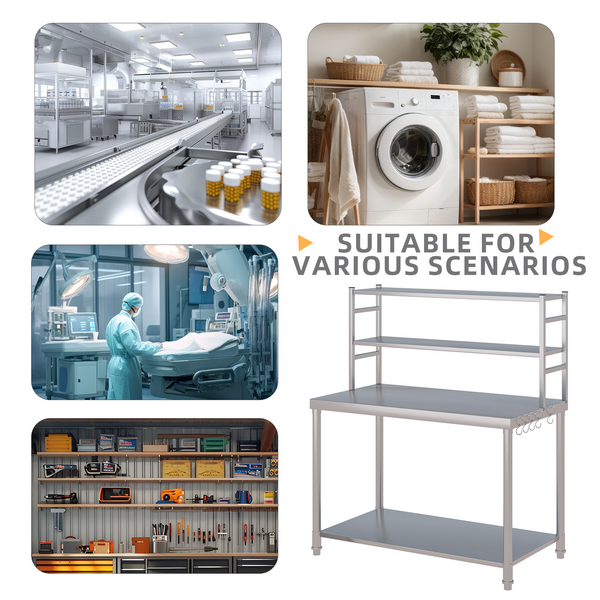 AECOJOY Stainless Steel Work Table with Hooks Commercial Kitchen Prep Table With Two Shelves Heavy Duty Work Table for Commercial Kitchen Restaurant