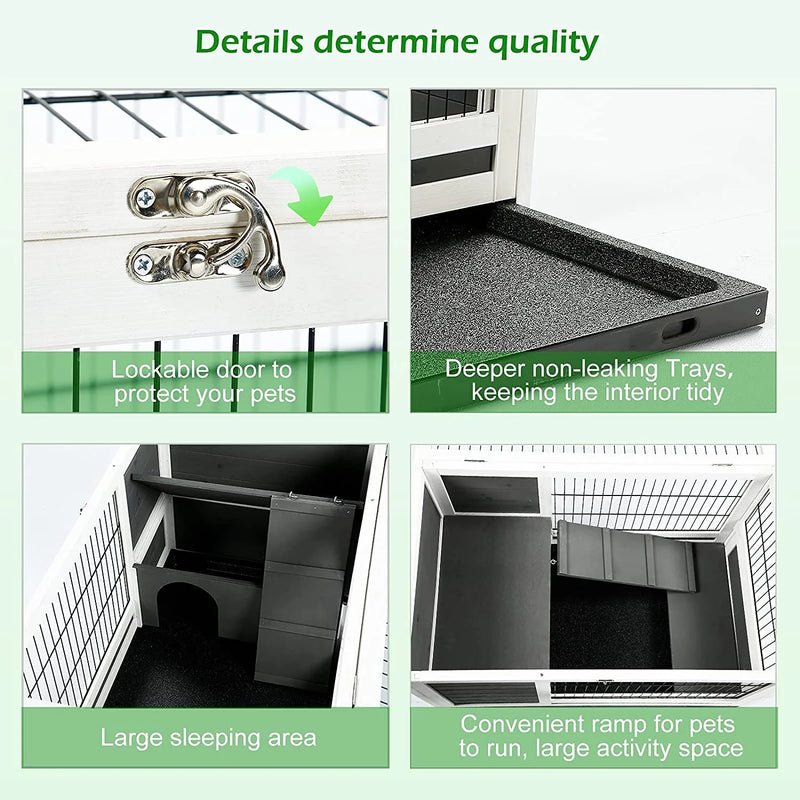 AECOJOY Rabbit Hutch with Deeper No Leak Tray & Run 35.4’’ Pet House for Small Animals Rabbit Cage Guinea Pig House Bunny Hutch Indoor & Outdoor