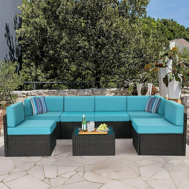 7-Piece Outdoor Furniture Set, Rattan Wicker Sectional Sofa blue