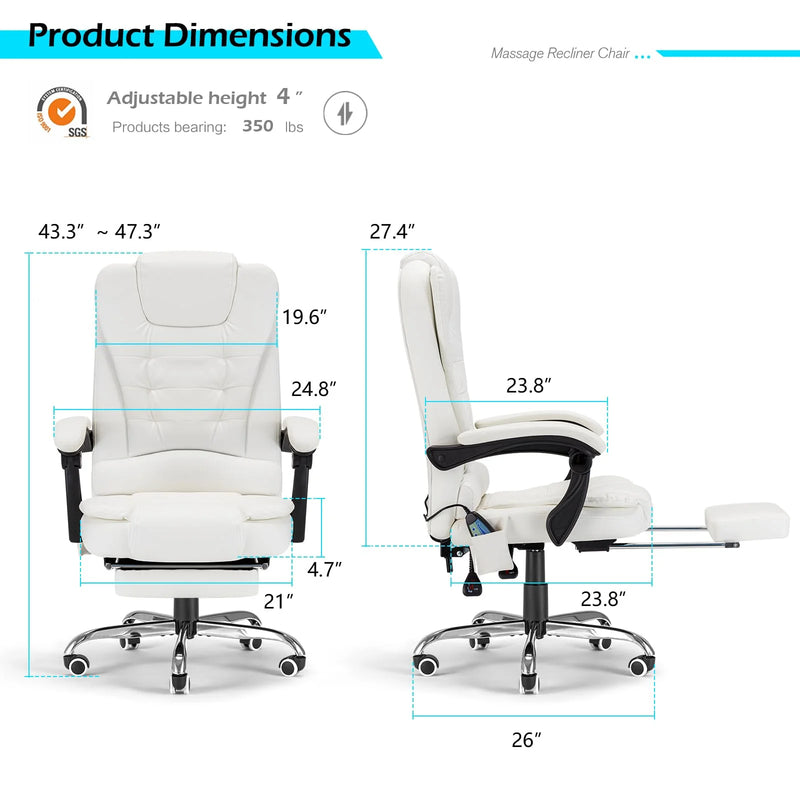 YODOLLA 7 Points Massage Office Chair with Heat Ergonomic Reclining Computer Chair High Back Desk Chair w/Retractable Footrest Ergonomic Leather Office Chair，Cream White