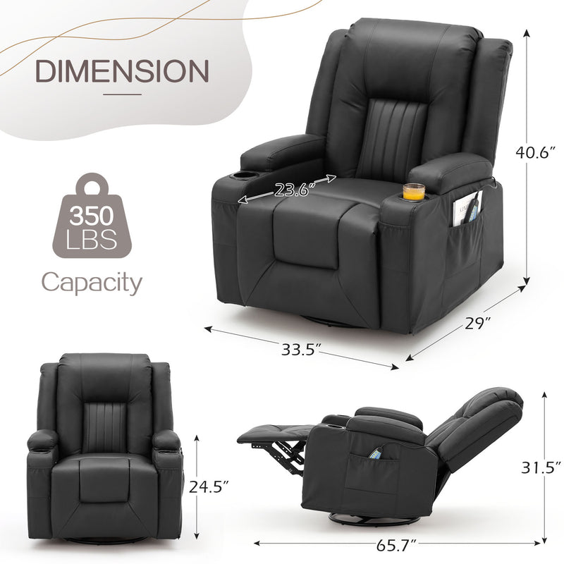 AECOJOY Massage Manual Recliner Chair with Heat and Vibration Massage, PU Leather Swivel Rocker Recliner Chair for Adults with 2 Cup Holders, Remote Control-Black