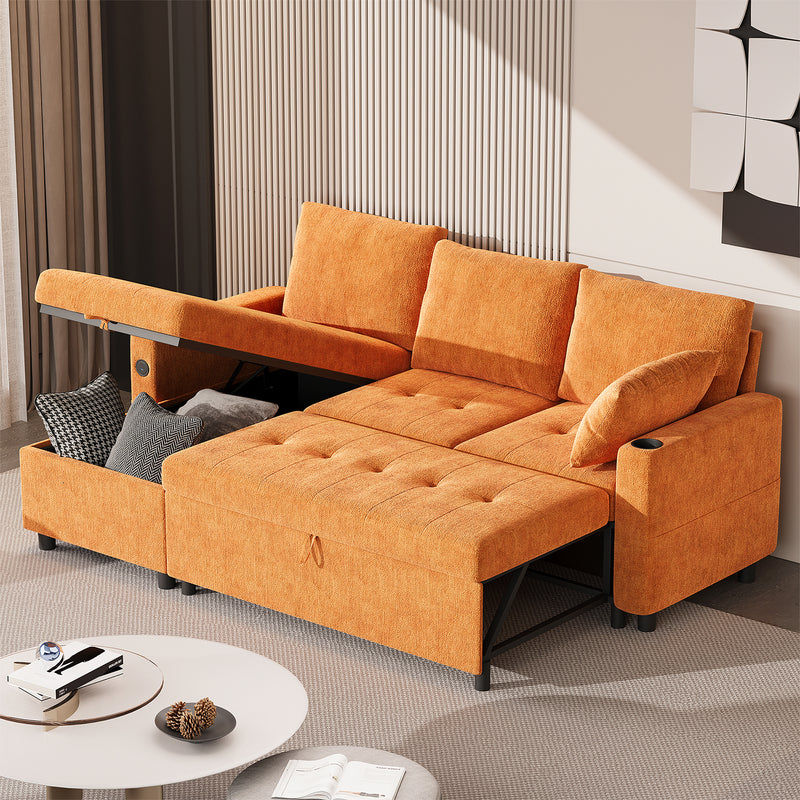 YODOLLA Sofa Bed, 3 in 1 Sleeper Sofa with Storage Chair, Faux Leather L Shape Couch, Sectional Pull Out Sofa Bed Mid Century Modern Couch for Living Room Clearance, Comfy Sleeper Couch in Orange