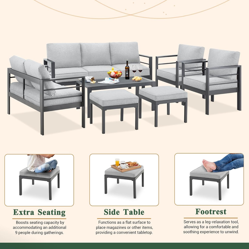 AECOJOY Aluminum Patio Furniture Sets with Waterproof Cover, Aluminum Outdoor Furniture Sets Metal Patio Sets for Balcony, Light Grey