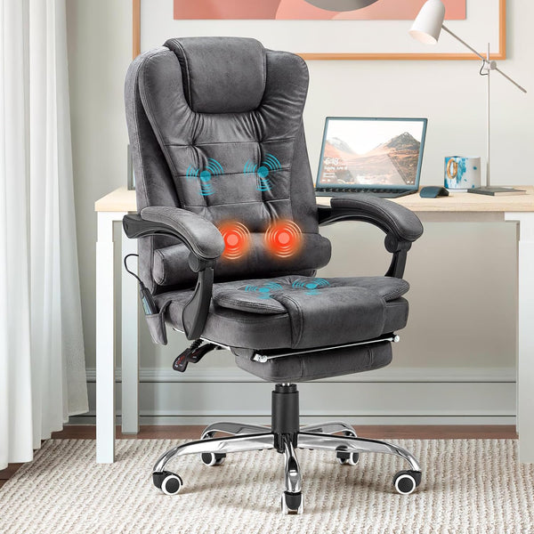 AECOJOY 7 Points Massage Executive Office Chair with Heat Function, Home Office Chair Reclining Desk Chair PU Leather Massage Office Chair w/Footrest, Grey