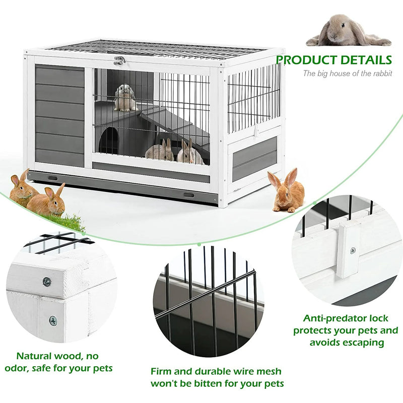 AECOJOY Rabbit Hutch with Deeper No Leak Tray & Run 35.4’’ Pet House for Small Animals Rabbit Cage Guinea Pig House Bunny Hutch Indoor & Outdoor
