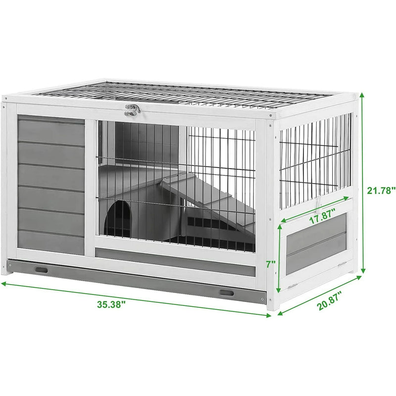 AECOJOY Rabbit Hutch with Deeper No Leak Tray & Run 35.4’’ Pet House for Small Animals Rabbit Cage Guinea Pig House Bunny Hutch Indoor & Outdoor