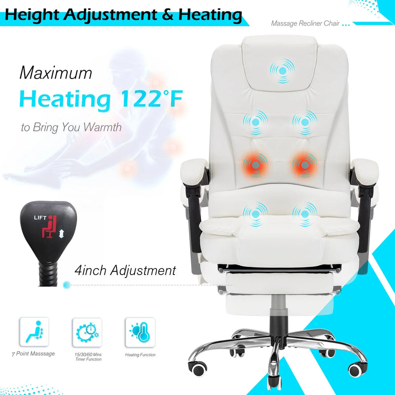 YODOLLA 7 Points Massage Office Chair with Heat Ergonomic Reclining Computer Chair High Back Desk Chair w/Retractable Footrest Ergonomic Leather Office Chair，Cream White