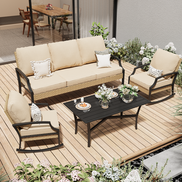 AECOJOY Patio Furniture Sets On Sale,Metal Outdoor Furniture Sets Clearance,Wicker Rattan Patio Conversation Sets For Porch, Garden, Deck and Backyard,Beige