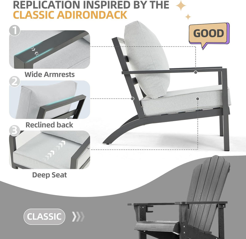 AECOJOY Aluminum Patio Furniture Set with Waterproof Cover Modern Metal Outdoor Patio Furniture Clearance, Adirondack Patio Conversation Sets for Lawn, Backyard, and Deck with Grey Cushions