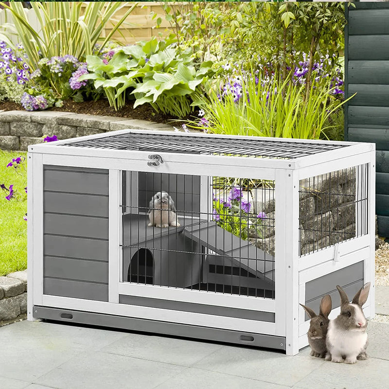 AECOJOY Rabbit Hutch with Deeper No Leak Tray & Run 35.4’’ Pet House for Small Animals Rabbit Cage Guinea Pig House Bunny Hutch Indoor & Outdoor