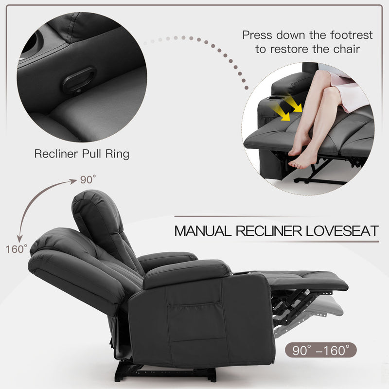 AECOJOY Manual Reclining Loveseat with Cup Holders&Side Pockets, PU Leather Double Recliner Loveseat Home Theater Seating-Black