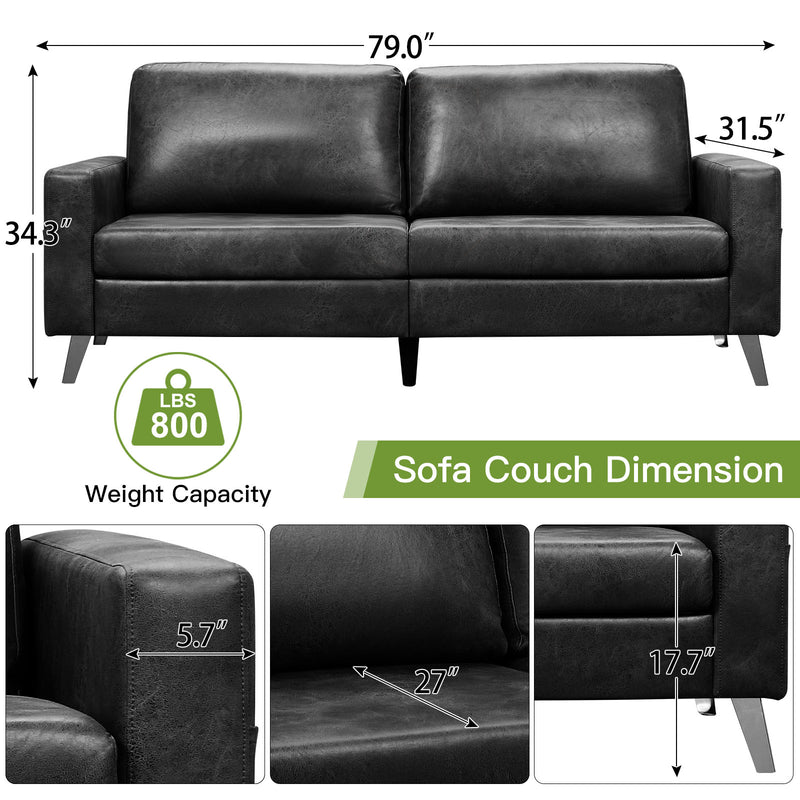 AECOJOY 79" Faux Leather Sofa 3 Seater Couch Loveseat Living Room Furniture in Black