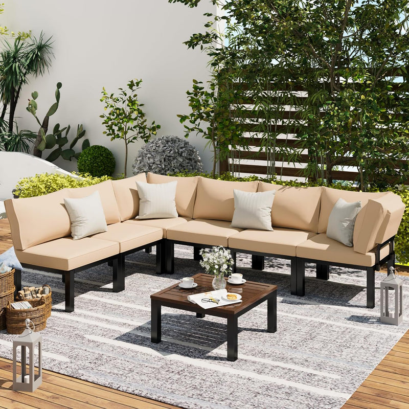 AECOJOY 7 Pieces Metal Outdoor Sectional Sofa with Waterproof Cover,Patio Furniture Sets on Sales Patio Conversation Set with Coffee Table Clearance,Beige