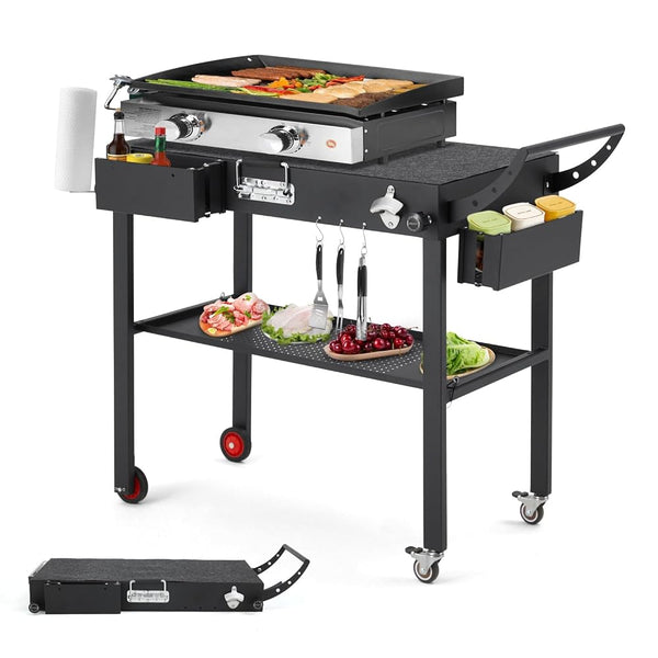 YODOLLA Outdoor Grill Cart, Portable Grill Table for Outside, Griddle Stand Foldable Grill Tables Movable BBQ Prep Table with Wheels